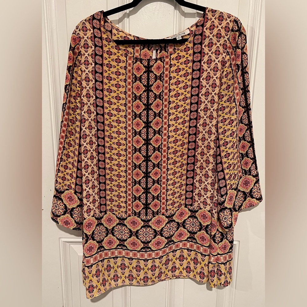 Rose + Olive Women's Blouse Boho Mandala Colorful Long Sleeve Shirt Size 2X